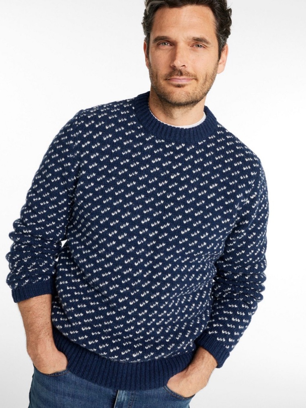 Men's Navy and White Patterned Crewneck Sweater